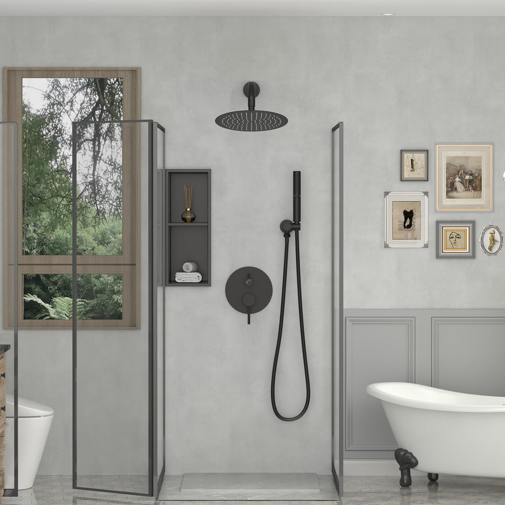 Shower System with 10 Inch Round Rain Shower Head and Handheld Wall Mounted, High Pressure Rainfall Heads Shower