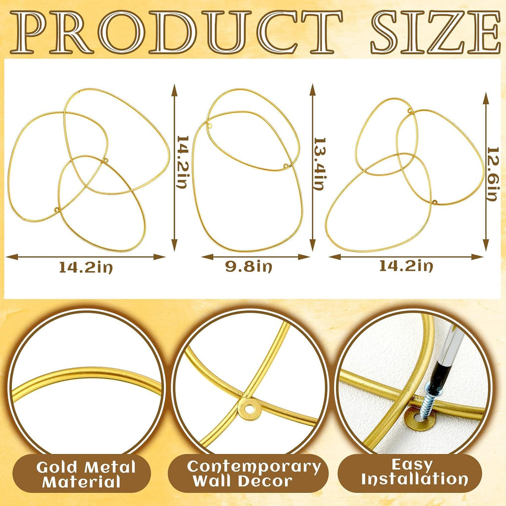 Interlocking Rings Wall Sculpture Gold Metal Home Wall Decor Abstract Aesthetic Gold Decoration for Art Bedroom - Set of 3