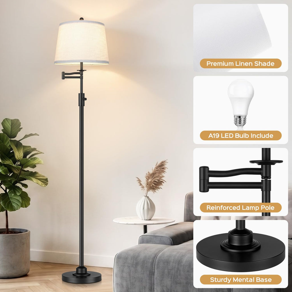 Dimmable Floor Lamp with 350° Swing Arm, 9w Bulb Included, Matte Black