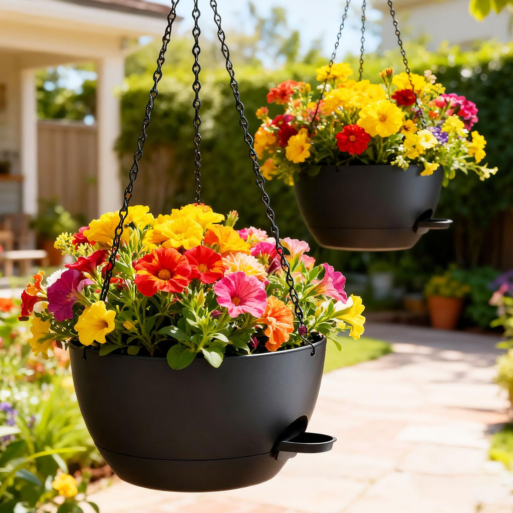 12 Inch Hanging Baskets 2 PC with Chains, Self-Watering Hanging Planters for Indoor Outdoor Plants, Plastic Hanging