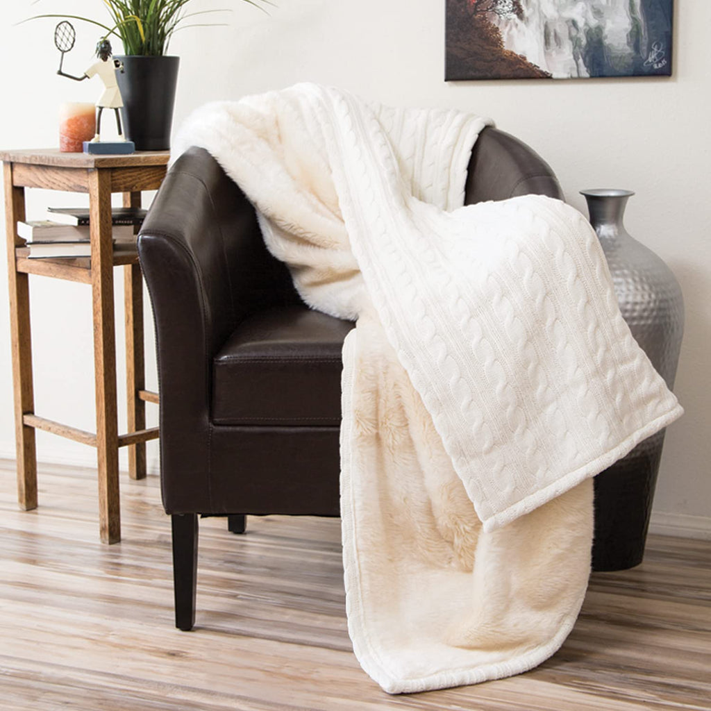 Cable Knit Plush Cotton Luxury Heavy Throw Blanket with Ulta-Soft Faux Fur Lining Decor (White, 50 x 60 inches)