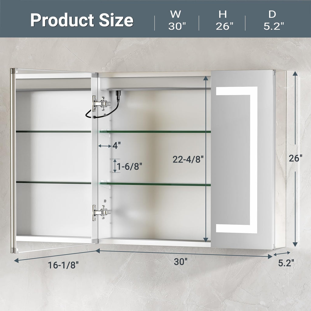 Medicine Cabinet with Lights 30x26 Inch, Aluminum Alloy Frame with Side Mirrors &Dual Mirrored Doors, Recessed or