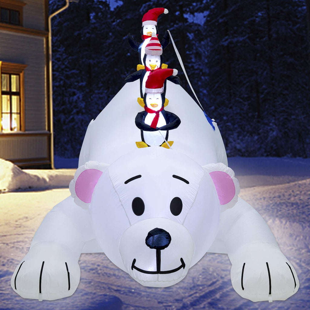 Christmas 7.7(L) x 6 FT(H) Inflatables Lighted Polar Bear with Three Penguins, Blow Up White Bear Happy Fishing