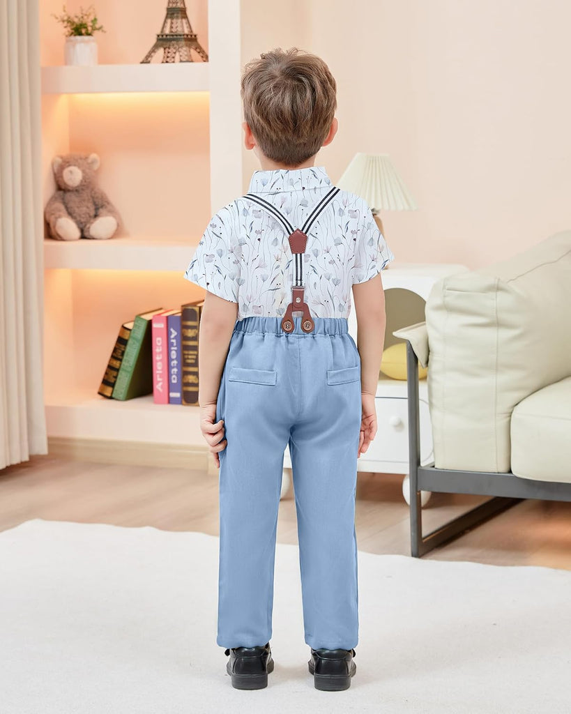 Boys Clothes Formal Suit Gentleman Wedding Outfit Short Sleeve Shirt with Bow Tie and Suspender Pants
