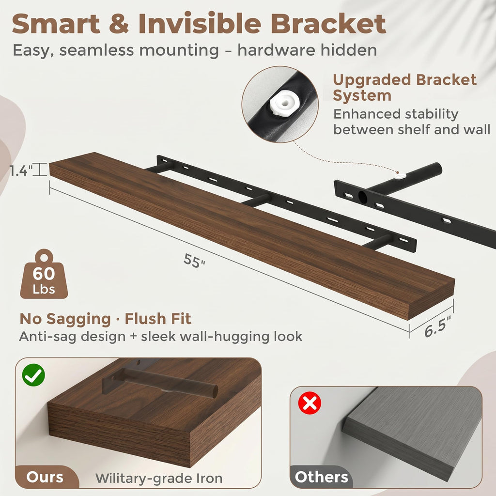 55 Inch Floating Shelves for Wall Set of 2, 6.5" D Wood Gra Shelves with Invisible Brackets, Easy Install Engineered