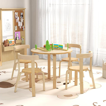 Kids Table and Chairs, Brich Round Toddler Table and Chair Set with Toy Bricks, Smooth Surfaces & Ergonomic Backrest