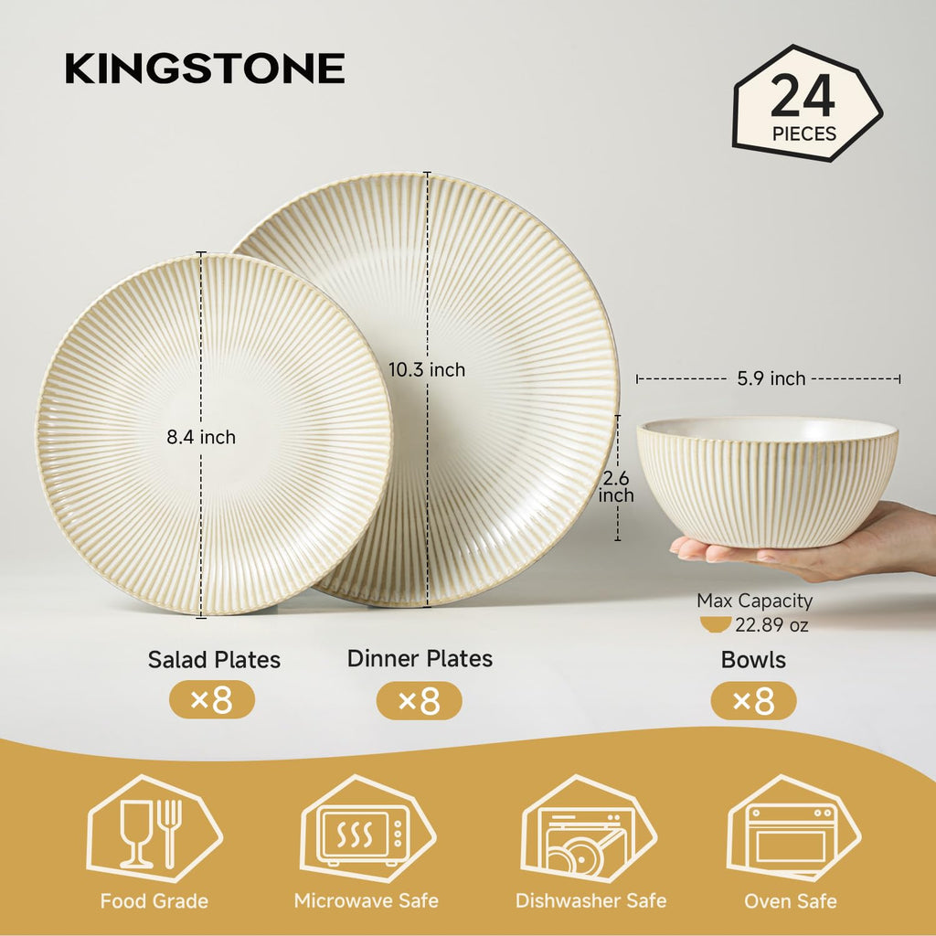 24-Piece Stoneware Dinnerware Set, Beige Reactive Glaze for 8