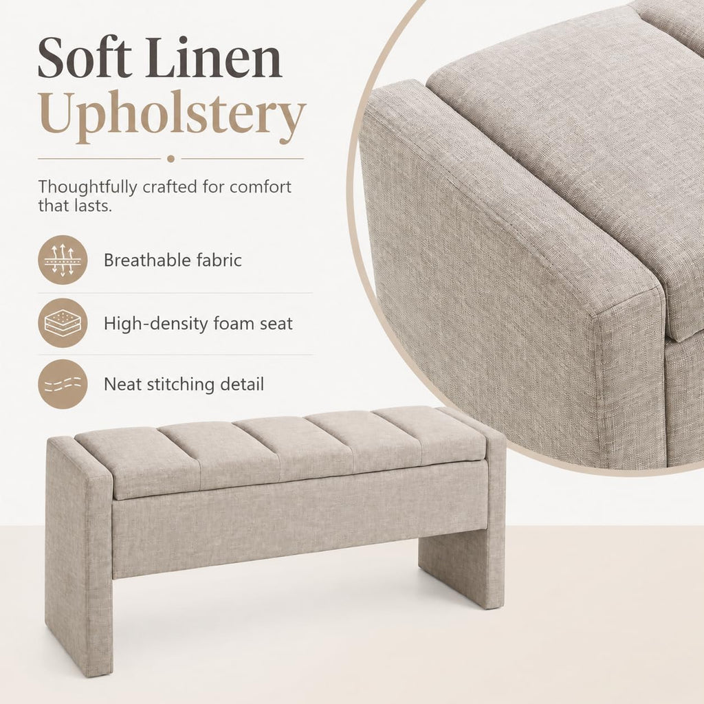 47.25 Inch Storage Ottoman Bench, Linen Upholstered, Grey Brown | End of Bed Storage Bench, Entryway Shoe Bench and