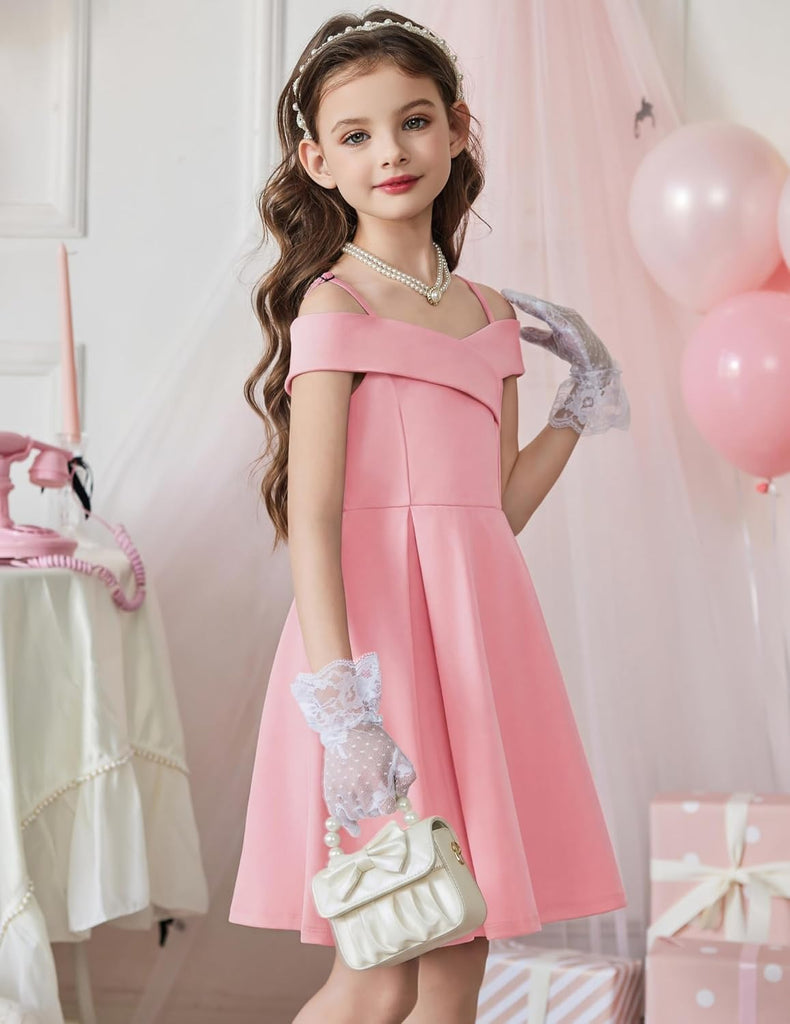 Girls Summer Dress Off Shoulder Fold Pleated Formal Elegant Dress