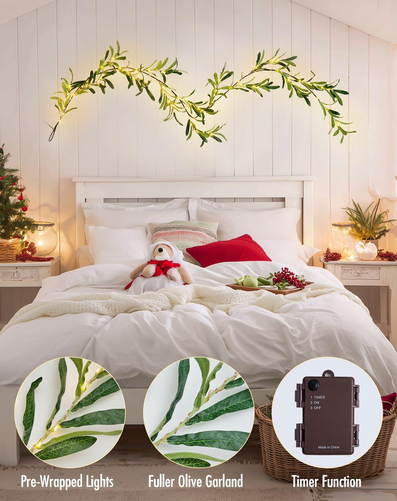 LED 6 Ft Artificial Olive Lighted Garland for Fireplace Decor - Set of 6
