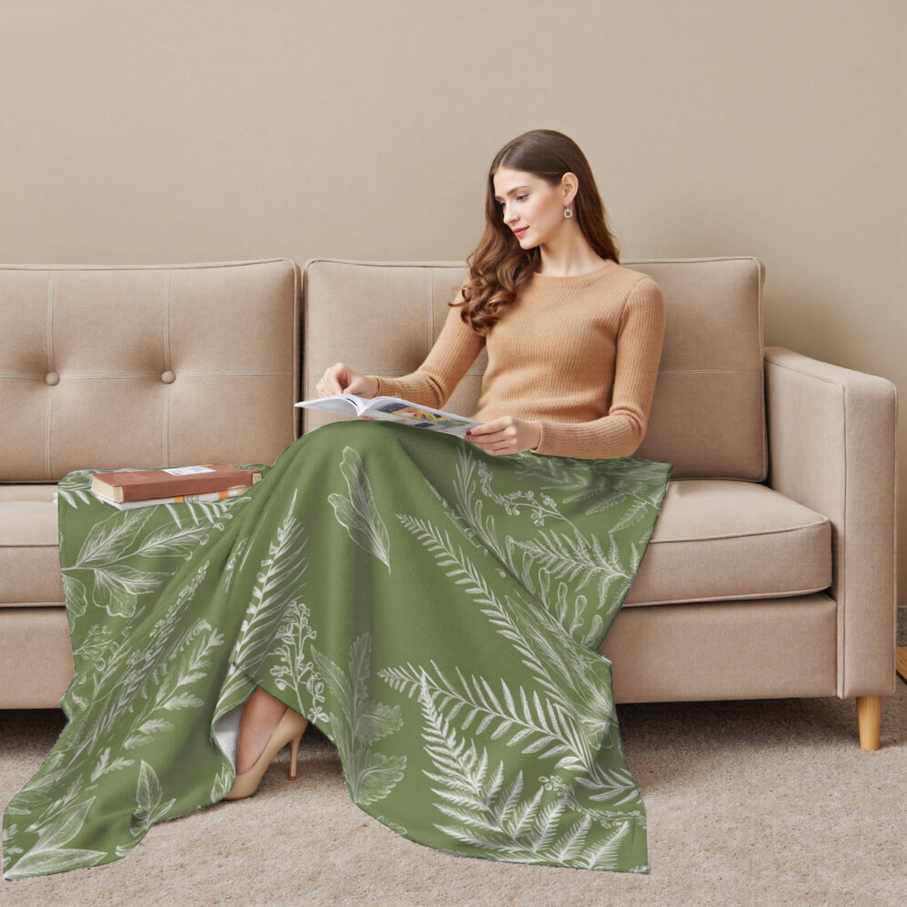 Green Throw Blanket Wild Fern Leaves Plants Blankets and Throws for Couch Sofa, Boho Leaf Decorative Soft Cozy