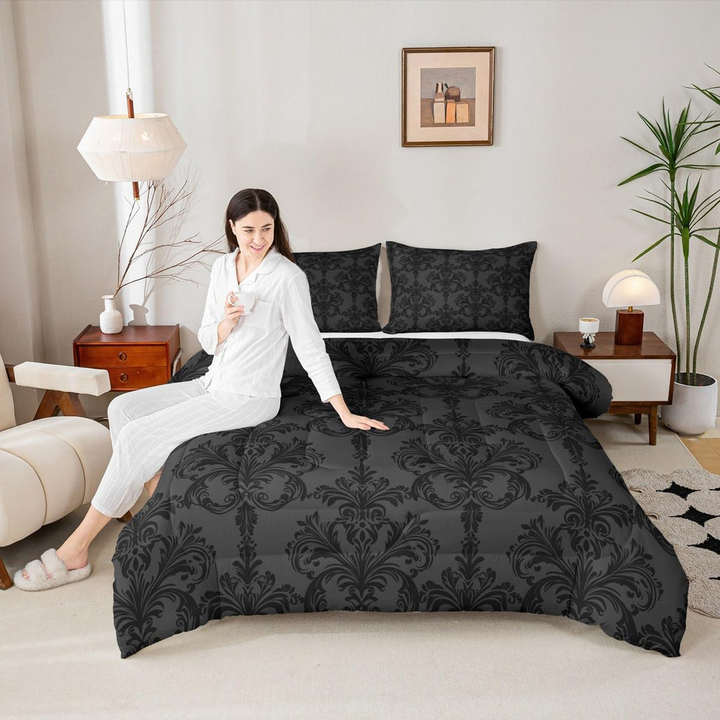 Black Damask Comforter Set, Gothic Vintage Damask Floral Bedding Set 2pcs, Antique Victorian Baroque Down