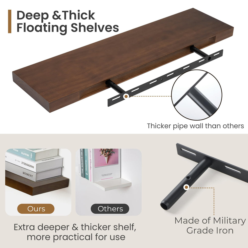 Farmhouse Floating Shelves - 8 Inch Deep Rustic Wood Wall Shelf - Premium Solid Pine Wood Storage Shelf Living Room