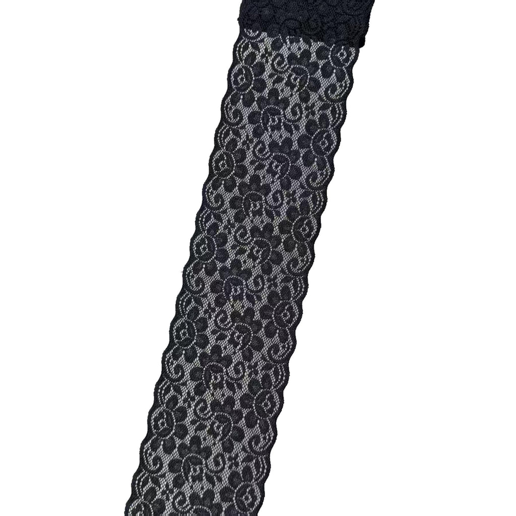 4 inch x 5 Yards Stretch Lace Ribbon, Black Floral lace Trim for Crafting or Everyday Purposes, Wide Sturdy lace for