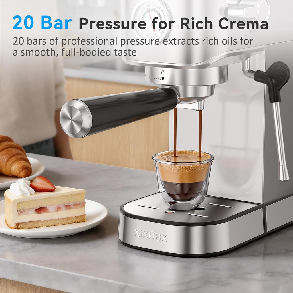 Espresso Machine with Milk Frother for Cappuccino & Latte | 20-Bar Pump, Built-in Pressure Gauge, Powerful Steam
