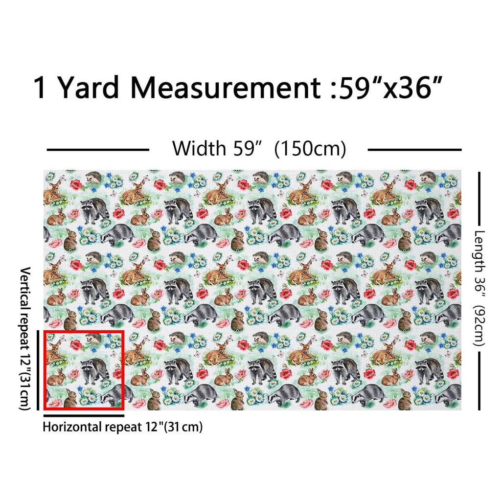 Cute Raccoon Rabbit Deer Fabric by The Yard Botanical Plants Rustic Jungle Home DIY Fabric by The Yard Cartoon Wild