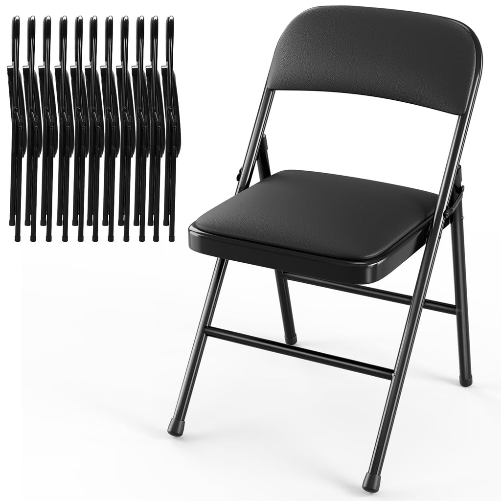 12 Pack Leather Padded Folding Chair w/Reinforced Metal Frame, Black