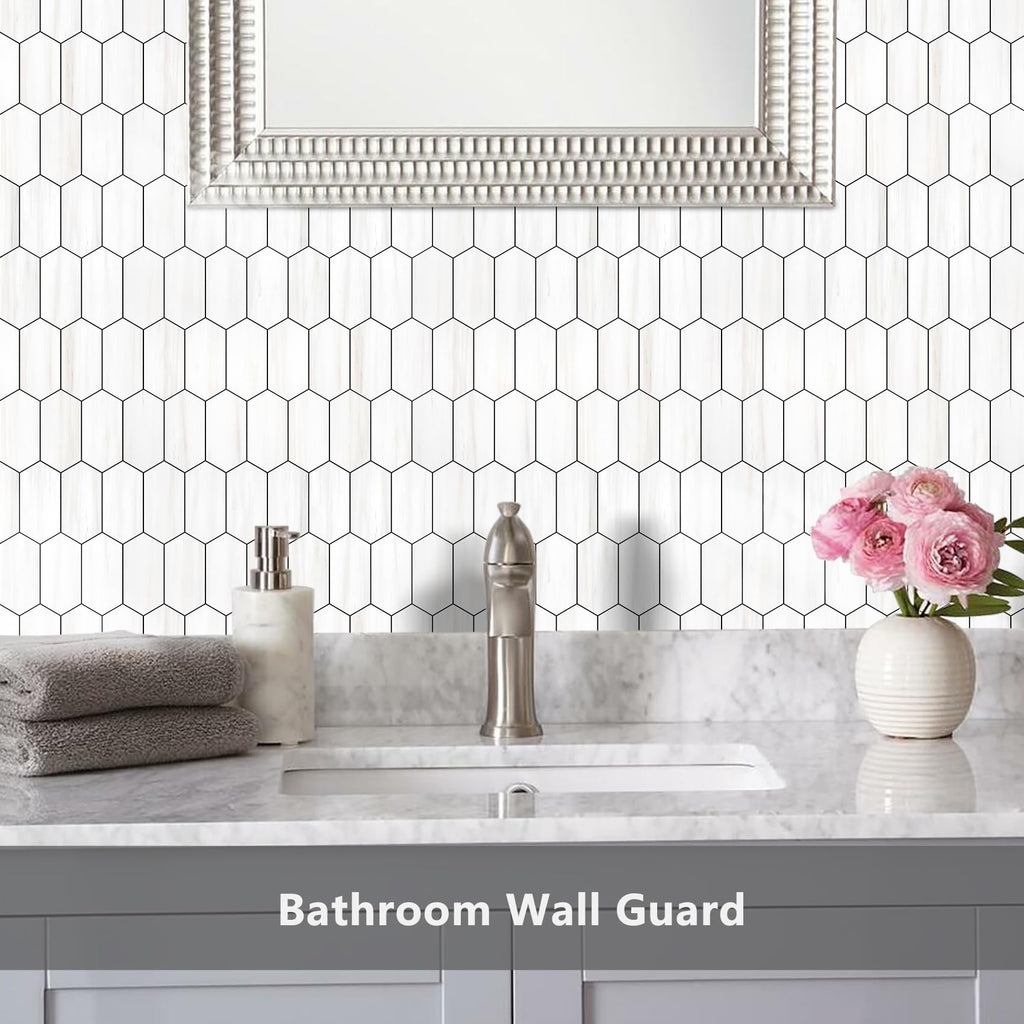 Long Hexagon Peel and Stick Backsplash Tile - 10 Sheets Stick on Backsplash 12.4 x 12 Inch Dolomite Marble Look PVC