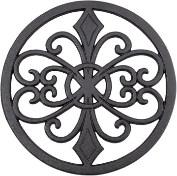 Decorative Cast Iron Trivet 8 Inch Heavy Duty Round Metal Hot Pot Holder for Dining Table and Kitchen Countertop