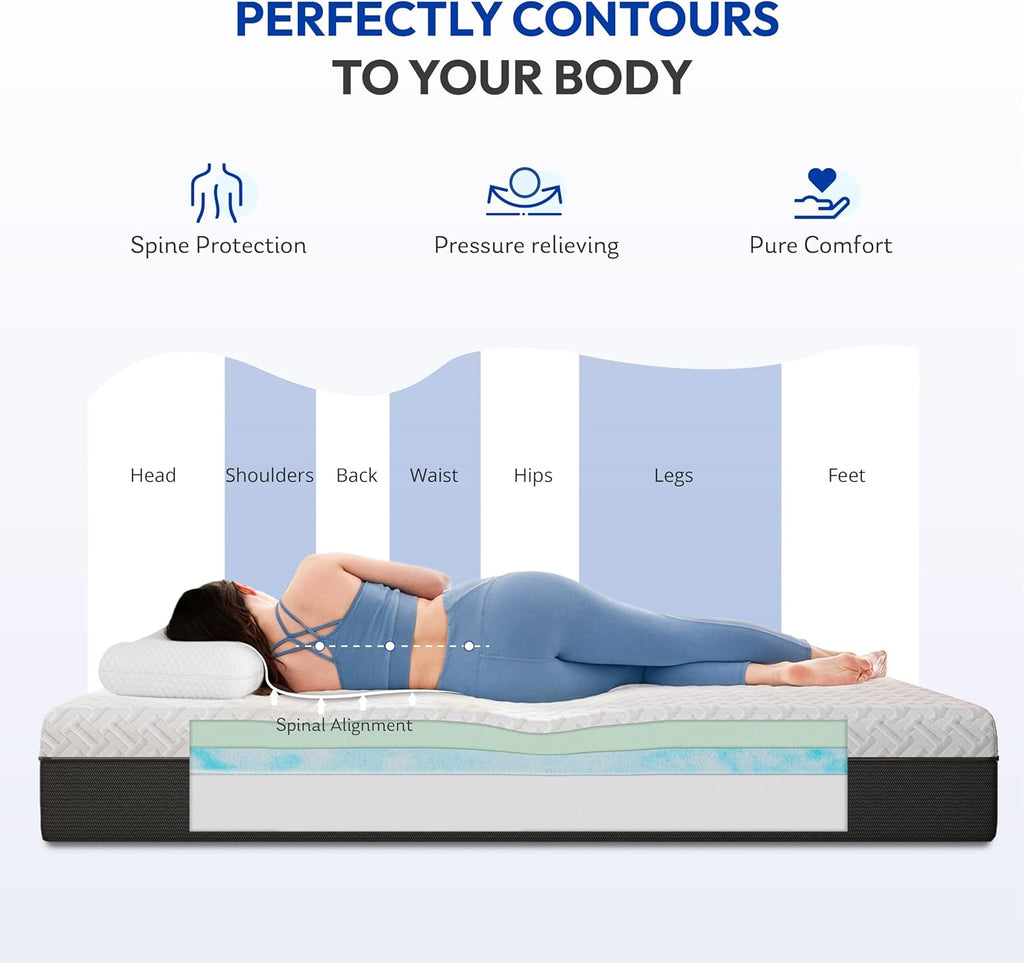 10 Inch Queen Size Mattress,Green Tea Gel Memory Foam,Medium Firm | Cool Night Sleep,Back Pain Relief,Enhanced