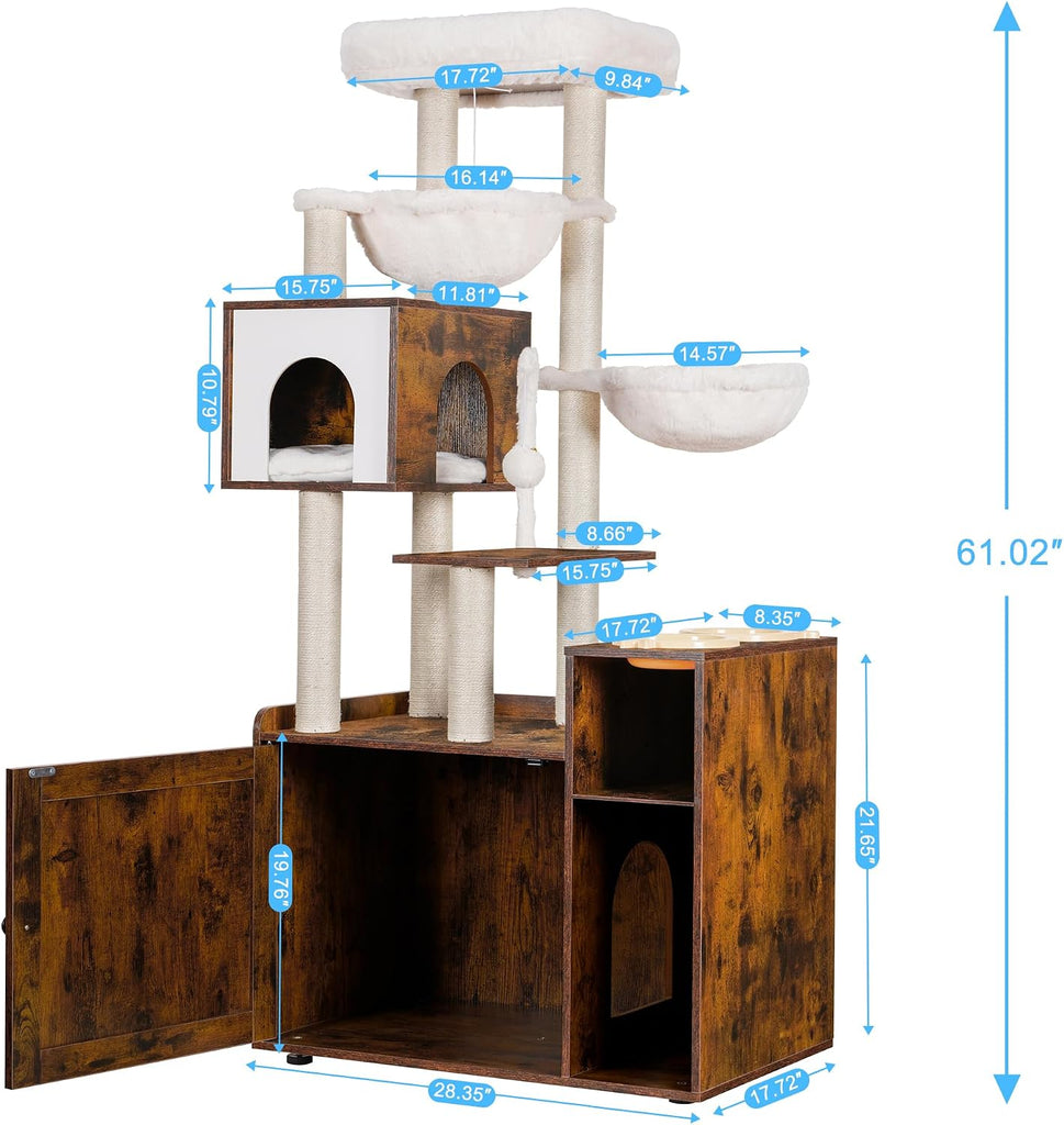 Cat Tree Tower, Wooden Litter Box Enclosure and Condo