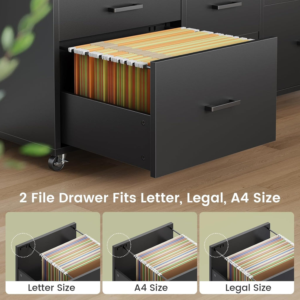 6 Drawers File Cabinet with Power Strip fits Legal/Letter/A4 Size | 47" Wood Mobile Lateral Filing Cabinet , Printer