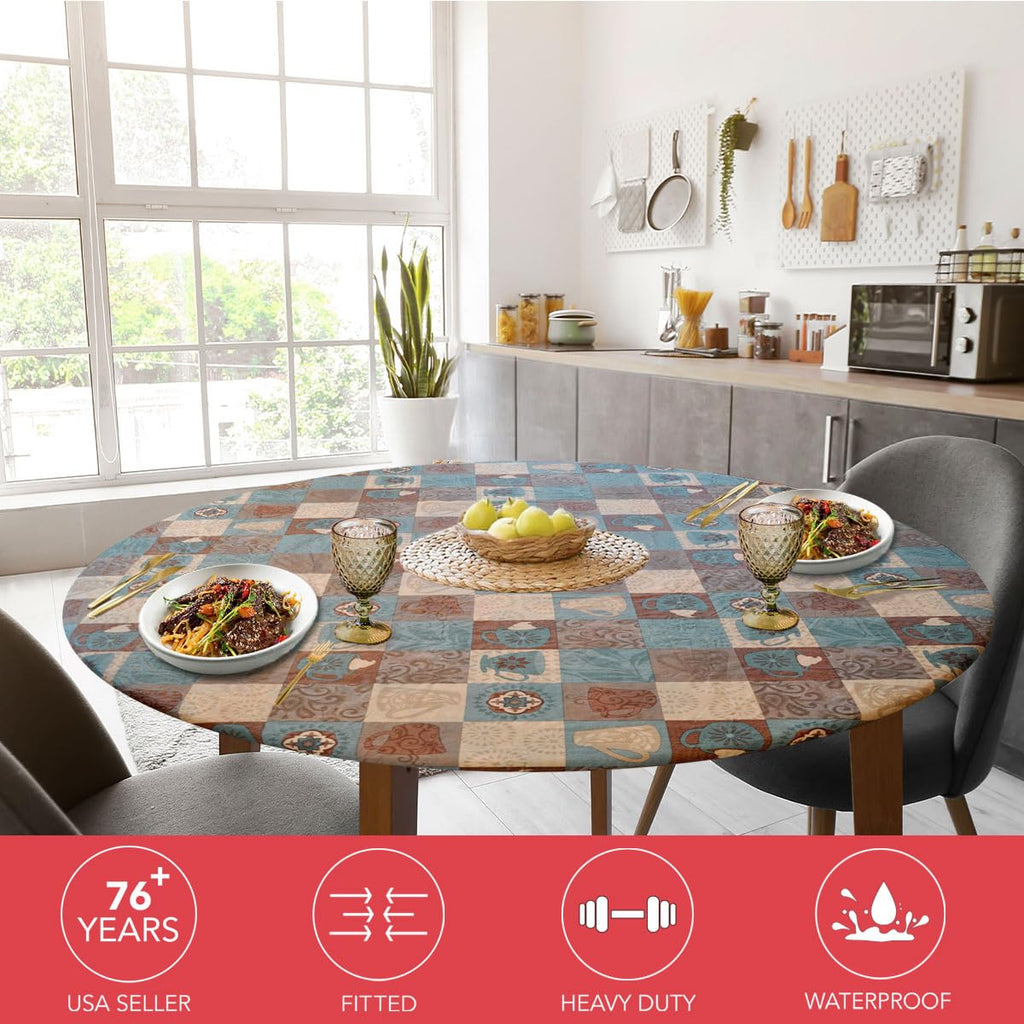 Round Tablecloth, Flannel Backed, Global Coffee Pattern