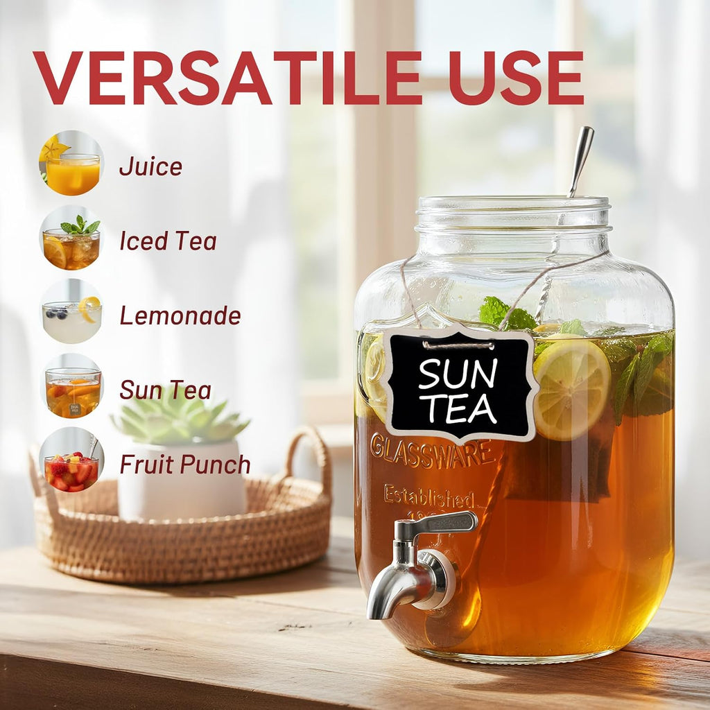 Gallon for Parties, 2 Pack Leakproof Beverage Dispenser with Stand & 18/10 Stainless Steel Spigot & Filter - Set of 2