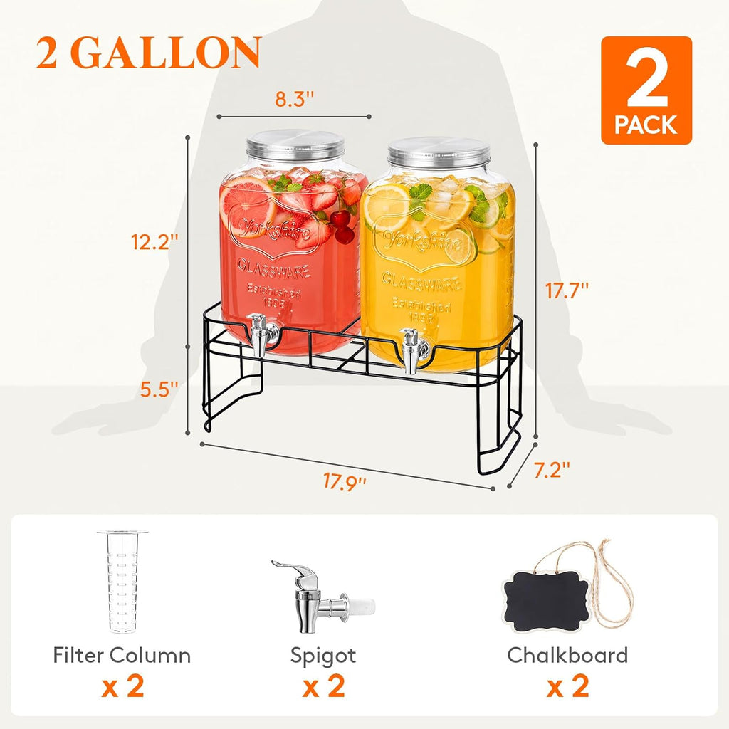 Gallon Glass Drink Dispenser with Stand & Fruit Infuser - Set of 2