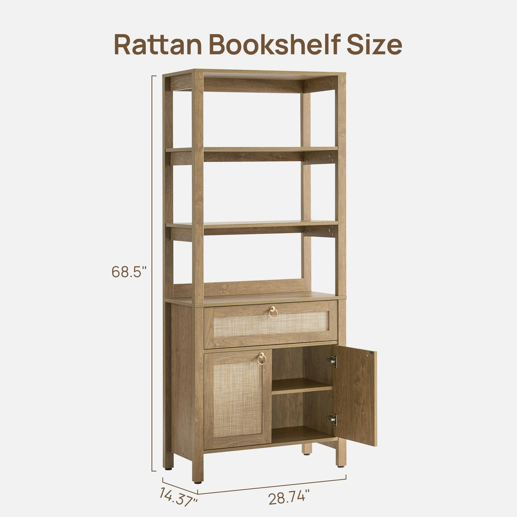 68.5" Tall Boho Rattan Bookshelf with Single Drawer & Storage Doors