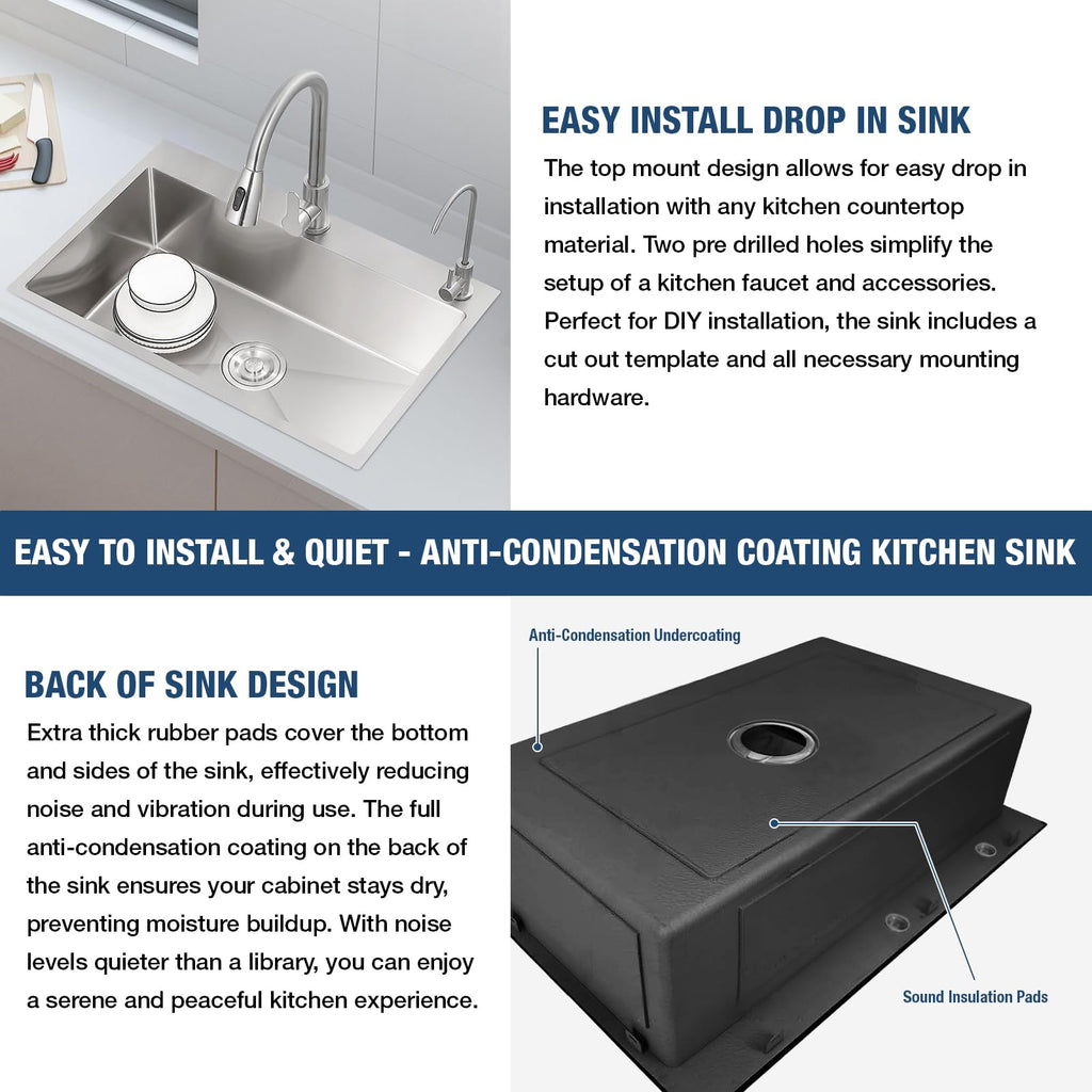 25x22 Inch Drop Sink, 20 Gauge 304 Stainless Steel Single Bowl Top Mount Sinks, Brushed Nickel Handmade Round Corner
