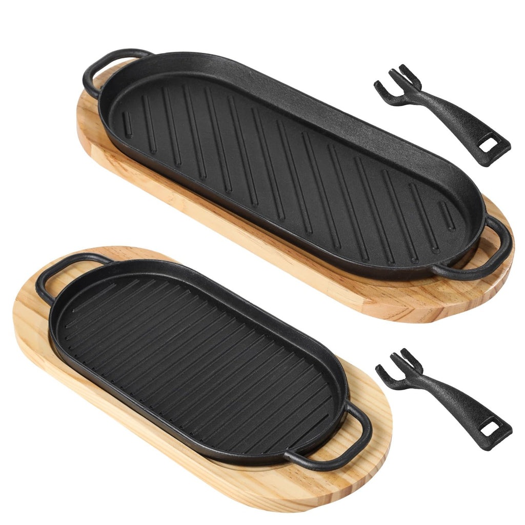 Cast Iron Skillet Set, 2 PCS Fajita Plate Sizzling Pan Cast Iron Plates with Wooden Base Removable Handle, Steak Pan