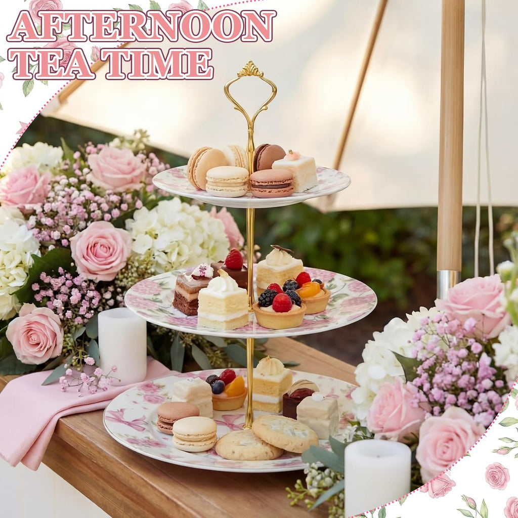 3 Tier Pink Floral Cake Stand Ceramic Coquette Dessert Stand with Gold Metal Rack Shabby Hydrangea Bow Cupcake Tower