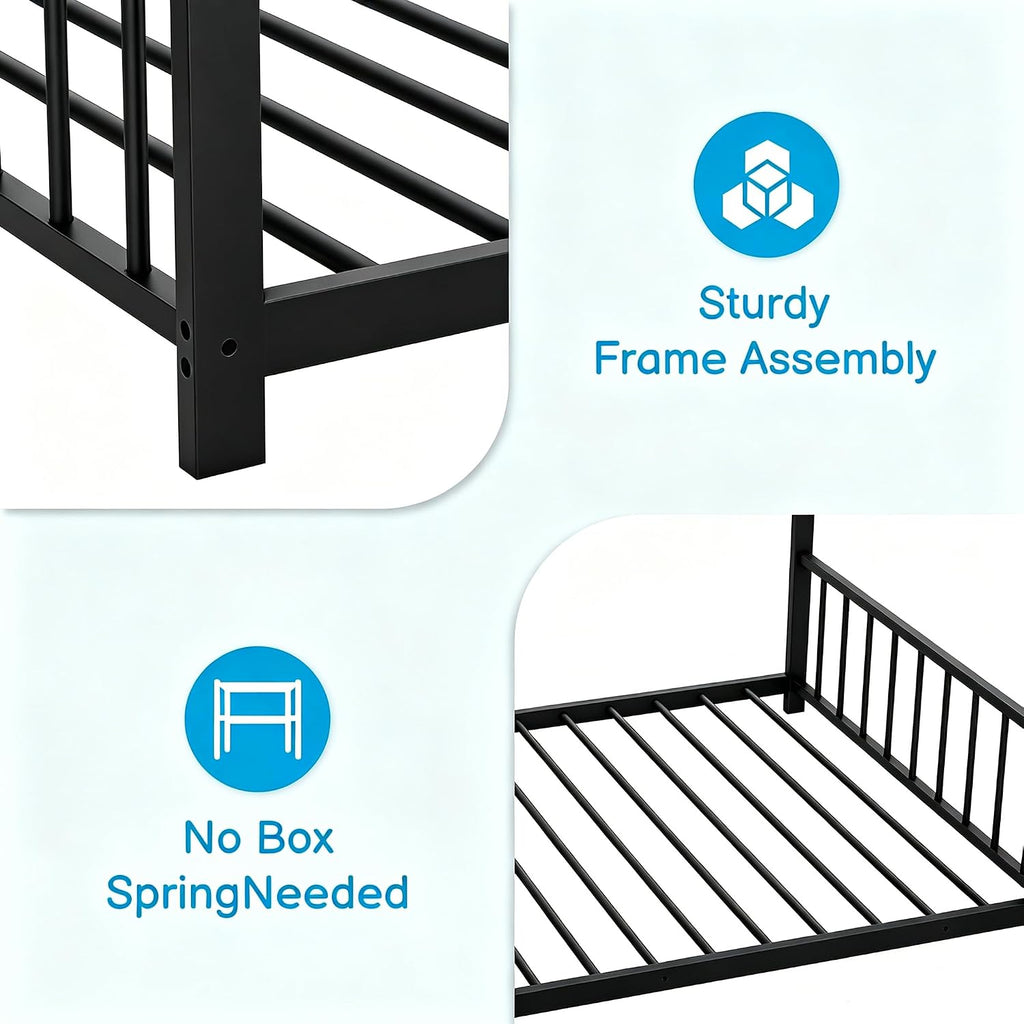 Metal Toddler Floor Bed with Slats & Fence, Black
