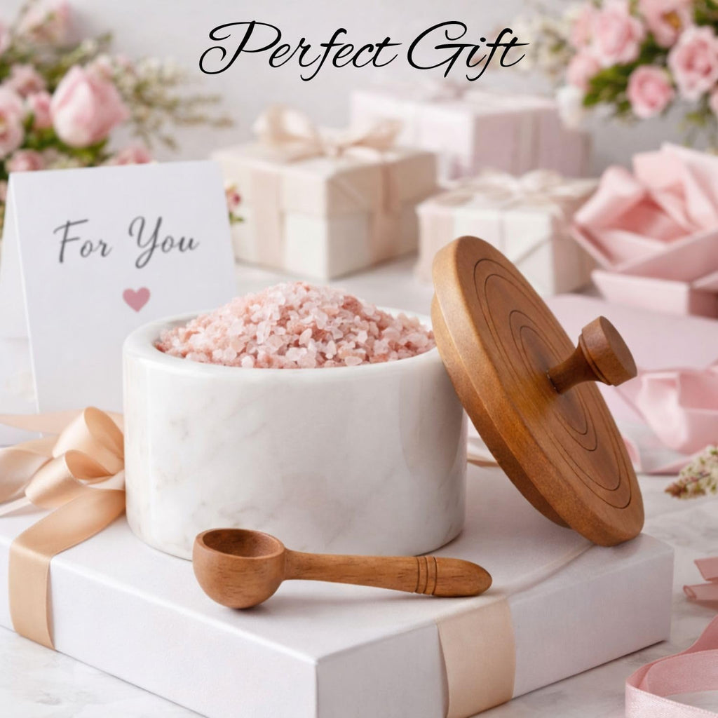 Marble salt cellar with lid and spoon, salt container with spoon, salt bowl with acacia wood lid, salt holder