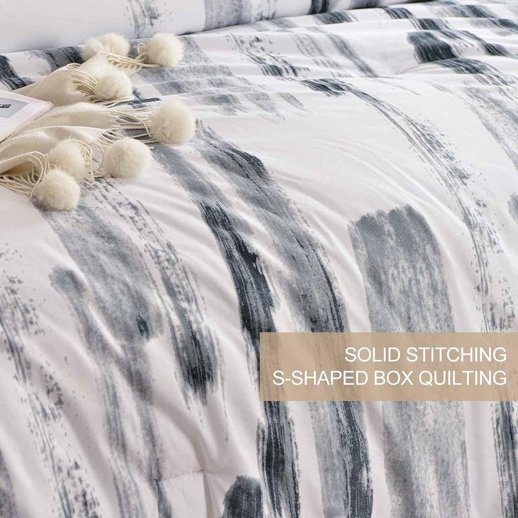 Queen Comforter Set 3pc, Art Grey White Printed Pattern Reversible Down Alternative Microfiber Bedding