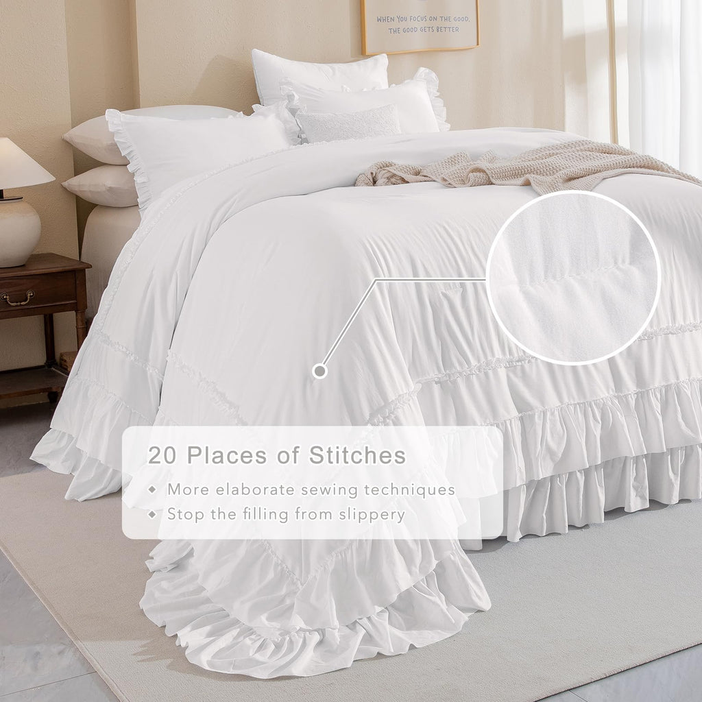 3PCs Natural White Ruffled Comforter 120x120, Shabby Boho Chic Farmhouse Ruffle Bed Comforter Set