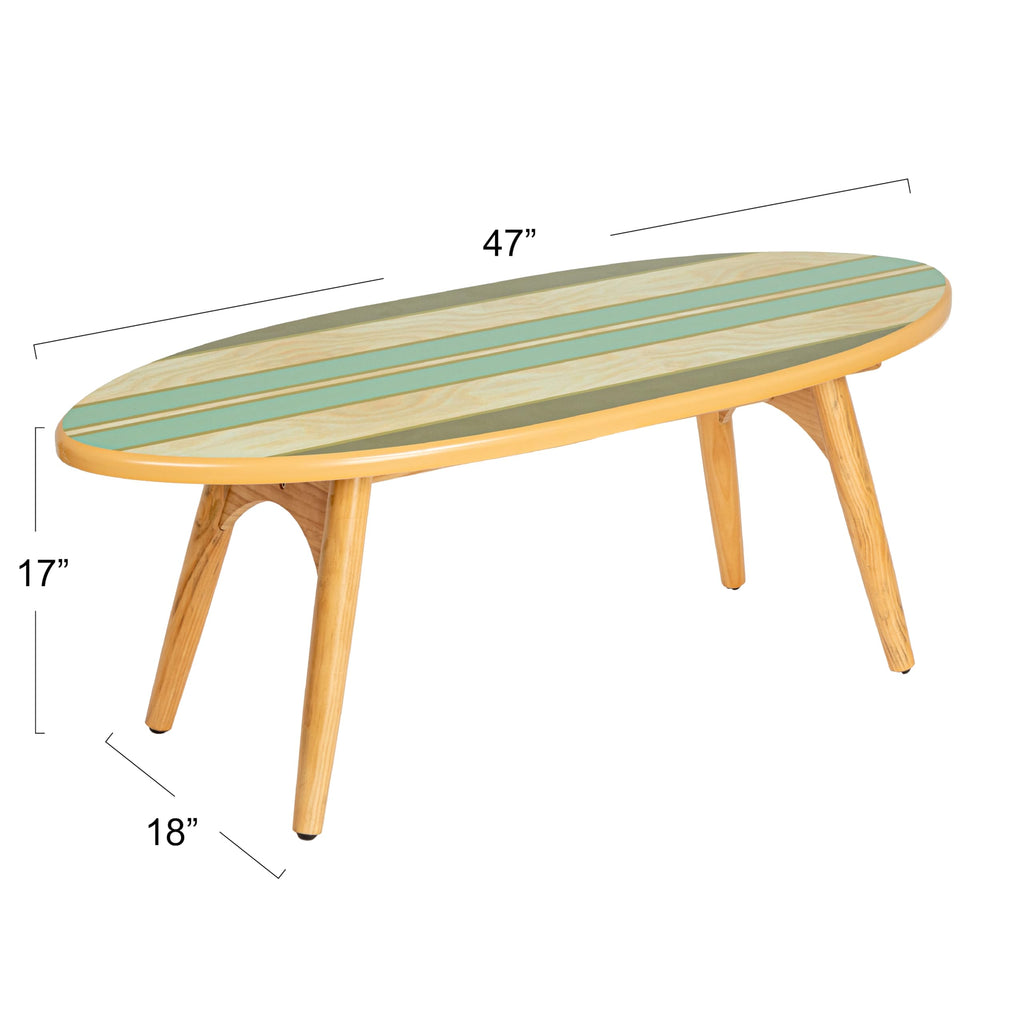 Coastal Decorative Surfboard Coffee Table, Stripe Overlaid On Natural Wood