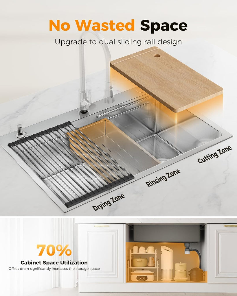 33X22 Drop Sink, 304 Stainless Steel Workstation Sink | Pop-Up Drain, Workstation Sink, Upgraded Fast Drain, Topmount