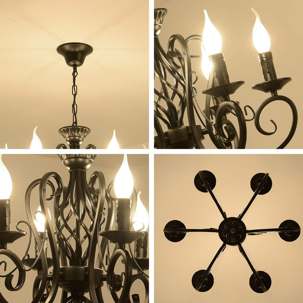 Black French Country Chandelier,6 Lights Farmhouse Candle Iron Chandeliers,Vintage Metal Pendant Light Fixture for Kitchen Island,Dining Room,Bedroom A109-B07S8P1D9P