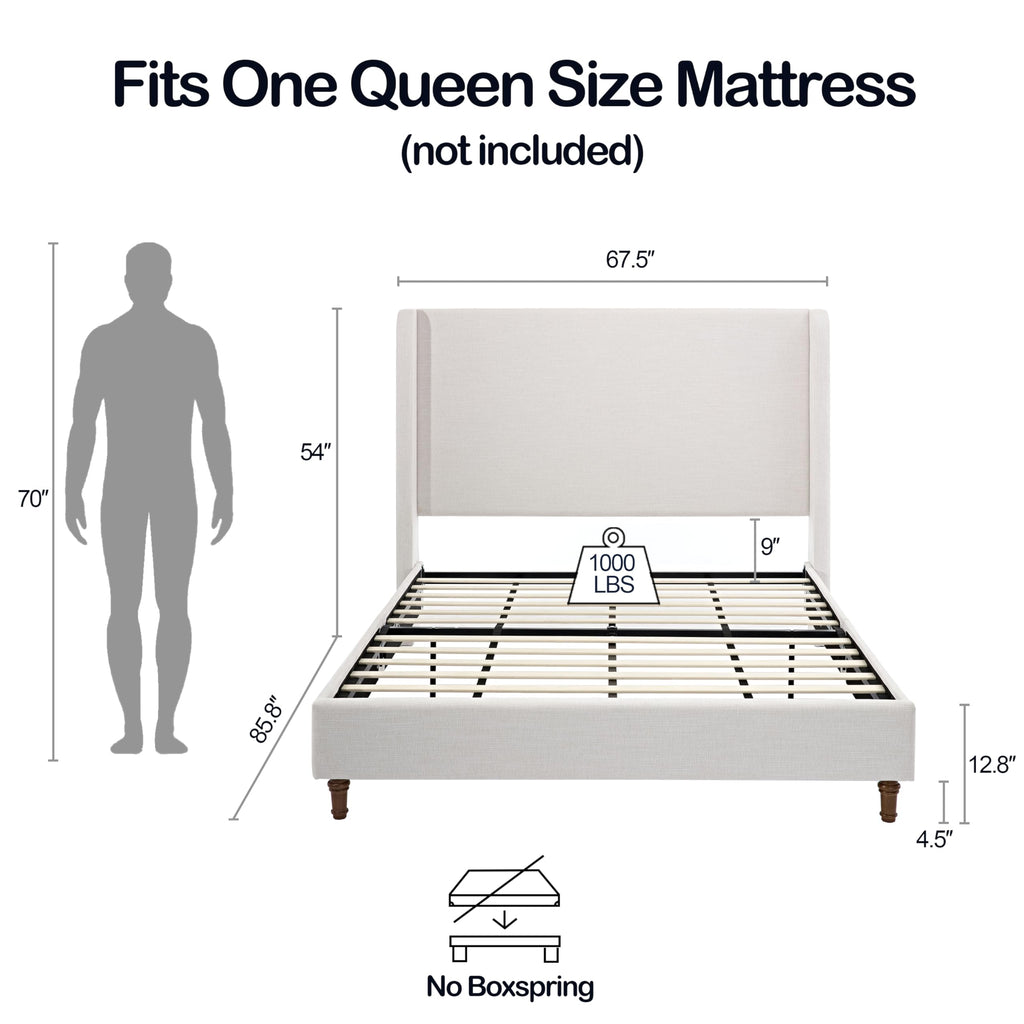 54" Tall Headboard Upholstered Platform Bed Frame with Wingback, Modern Farmhouse Tufted Fabric Bed with Solid