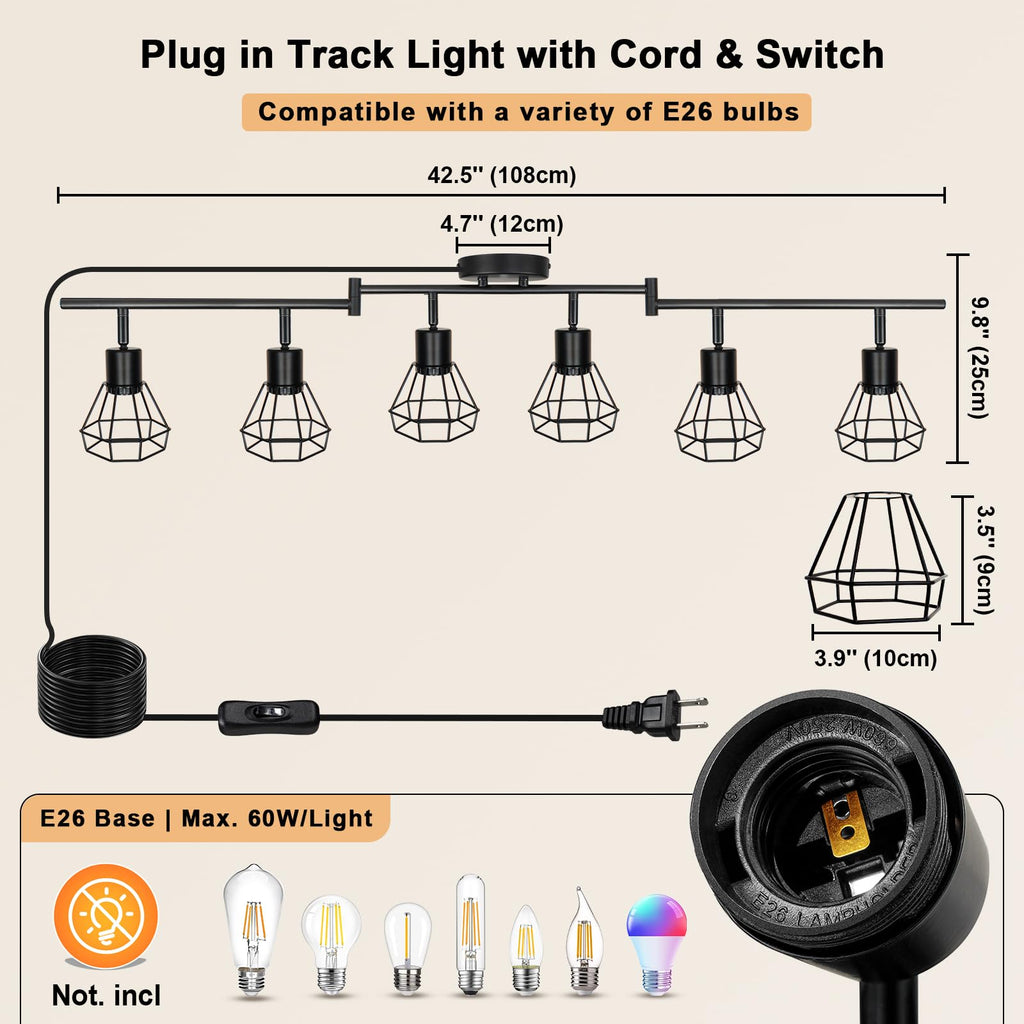 Plug in Track Lighting, 6-Light Adjustable Ceiling Fixture Black