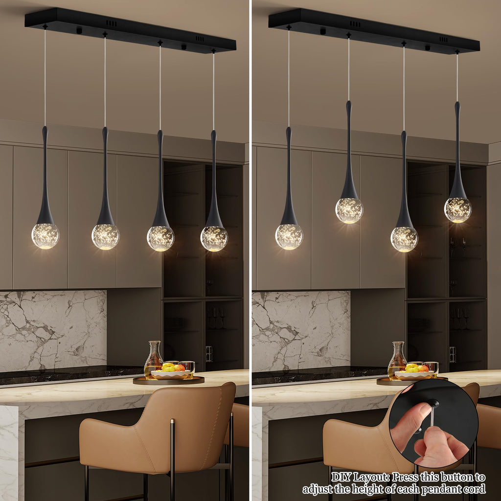 Modern Black Crystal Chandelier Island 4-Lights, Luxury Retangular Dimmable LED Bubble Raindrop Pendant Lighting
