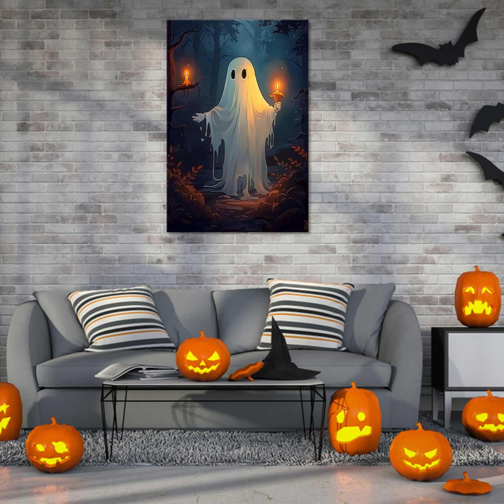 Retro White Ghost Posters Cute Horror Scary Wall Art Halloween A White Ghost Holding A Candle In A Dark Forest Prints