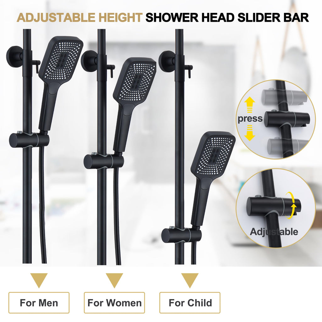 Shower Systems with 12 x8 Inches Rain Shower Head, Matte Black Exposed Pipe Shower System,3 Functions Tub Shower