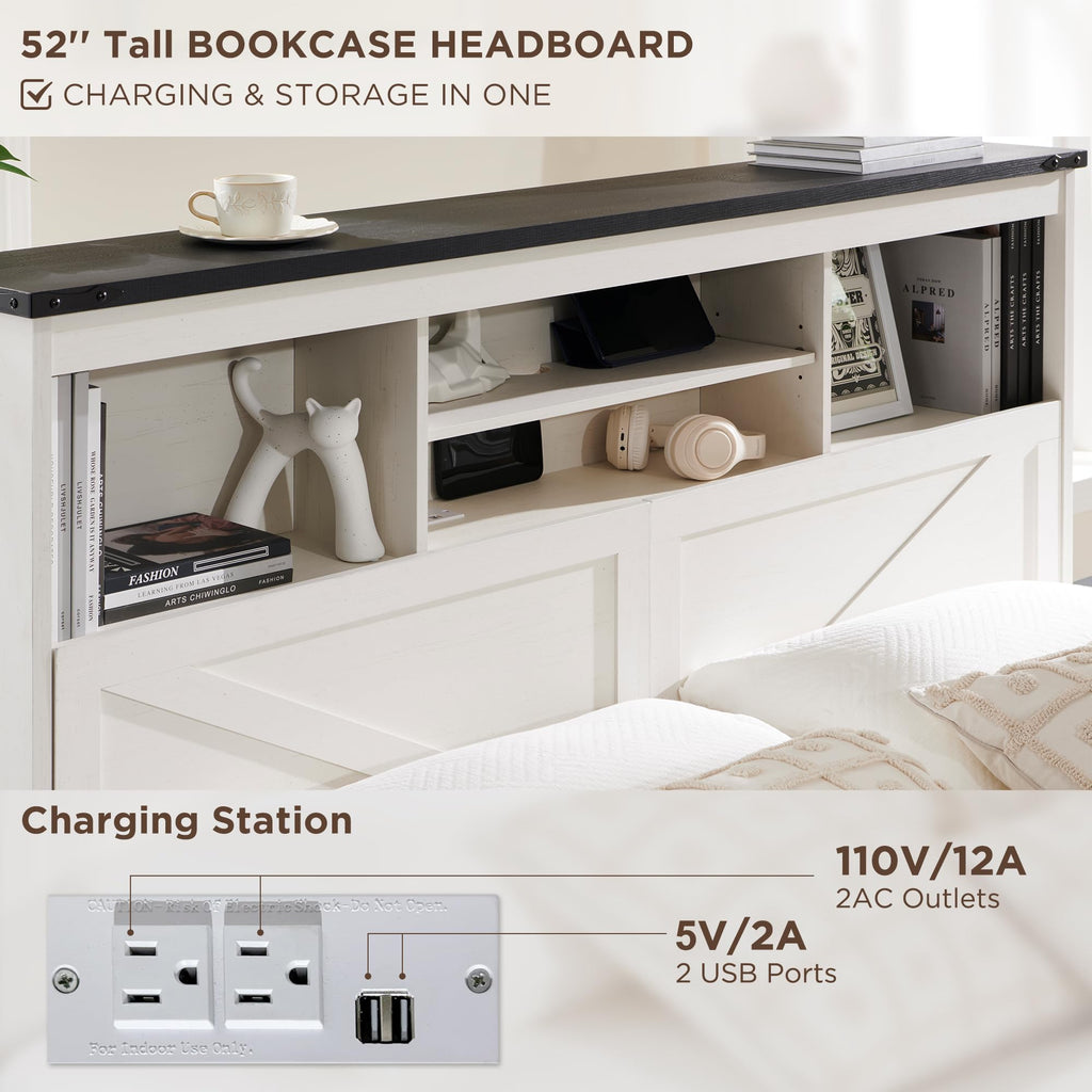 Bed Frame Farmhouse with 52" Storage Bookcase Headboard, 4 Drawers Wooden Bed Frame, LED Light, Charging