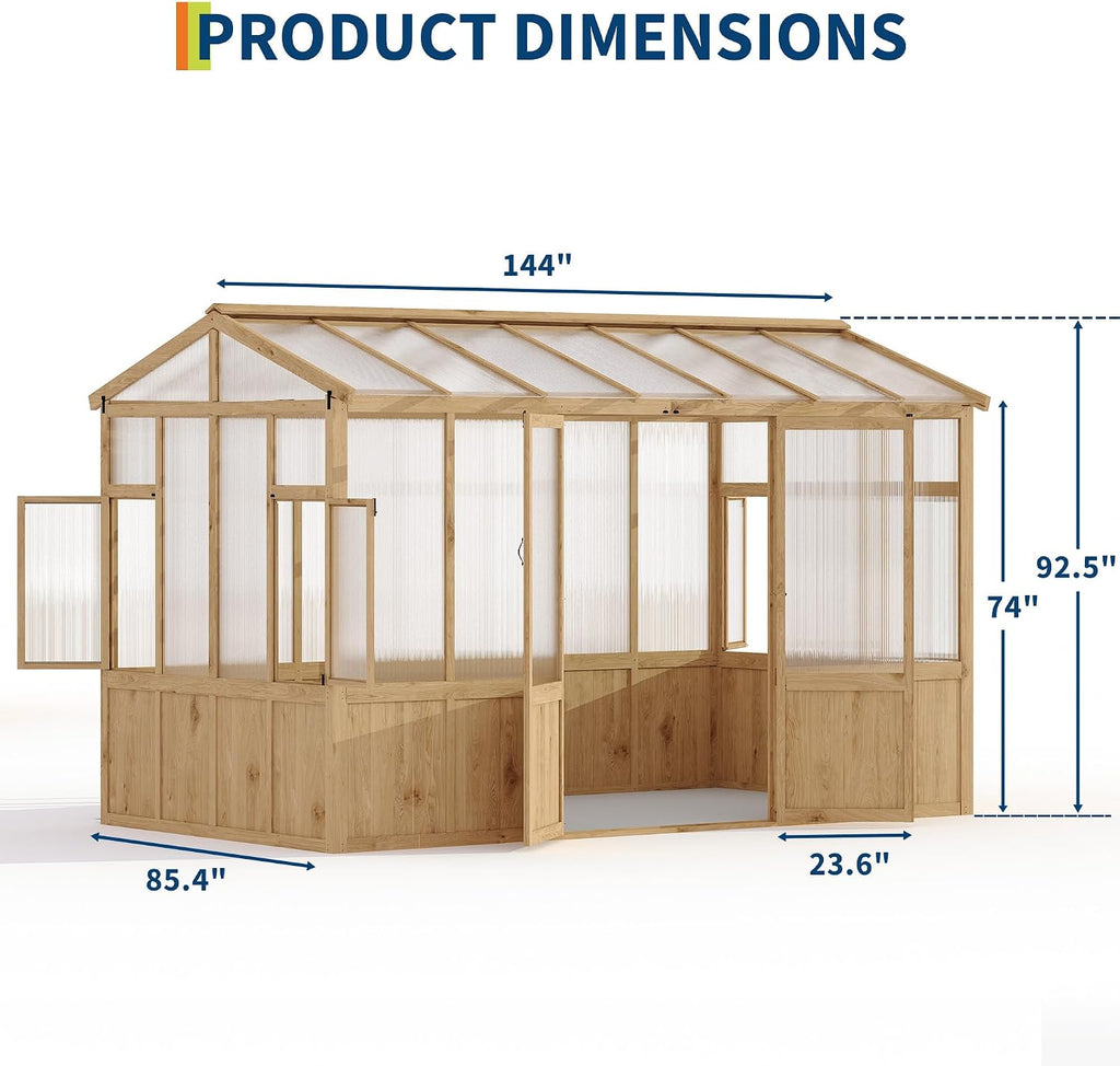 8X12 FT Wooden Greenhouse for Outdoor - Heavy Duty Walk-in Green House Kit with 6mm Polycarbonate, Lockable Door &