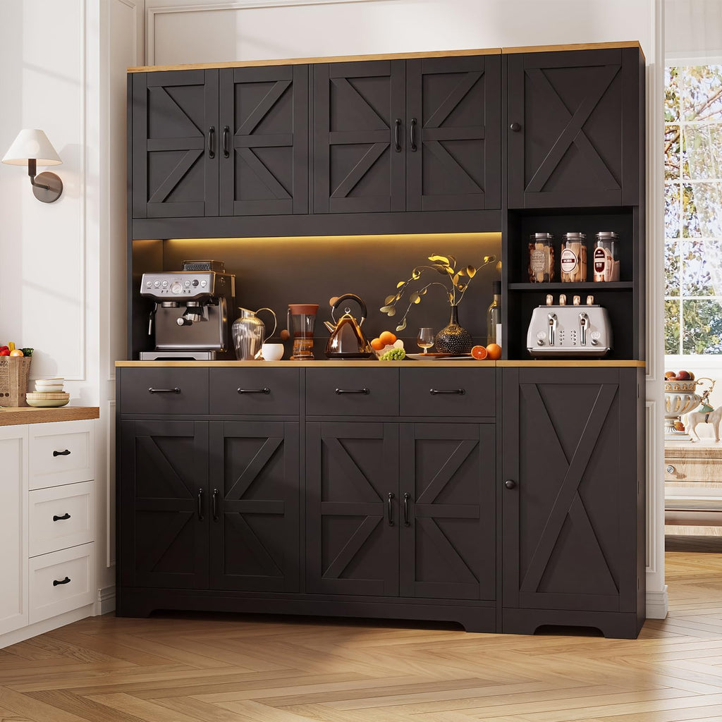 71" Tall Kitchen Pantry with LED Lights & Charging Station, Farmhouse Storage Cabinet with 4 Drawers & 6 Cabinets