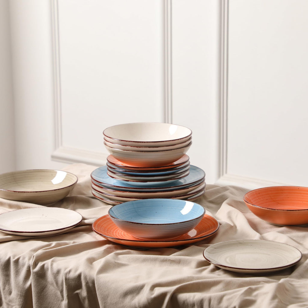Stoneware Dinnerware Sets, 18 Piece Glossy Plates and Bowls Sets, Scratch Resistant Dishes, Microwave & Dishwasher