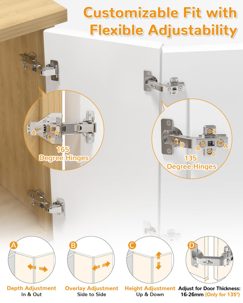 2 Pair 135 Degree & 165 Degree Hinges Kit for Pie Corner Cabinets, Hidden Lazy Susan, Face Frame Self Closing, Clip